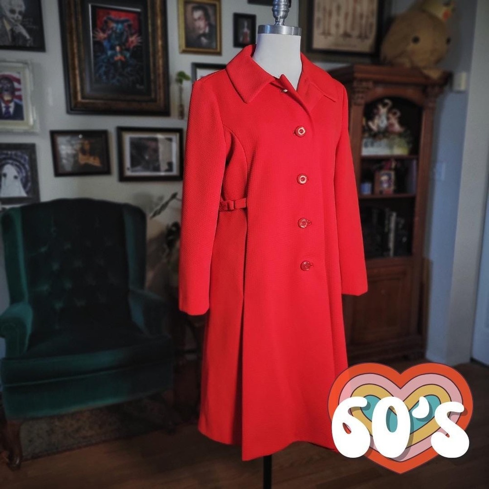 Red Trench Swing Coat Vintage 60s Button Up Classic Elegant Style‎ Made In USA